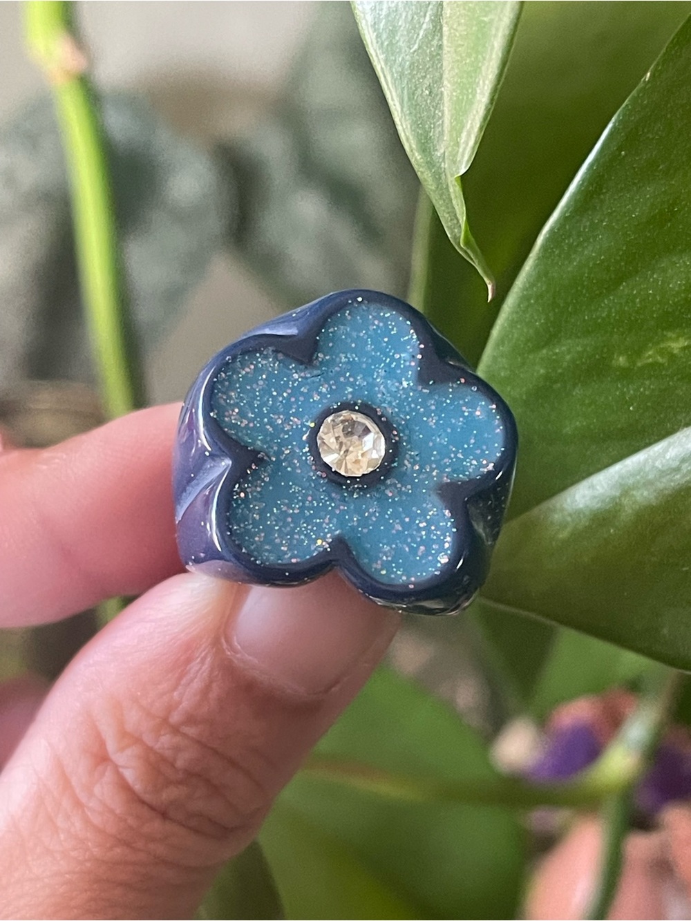 Navy Blue Glitter Flower Ring